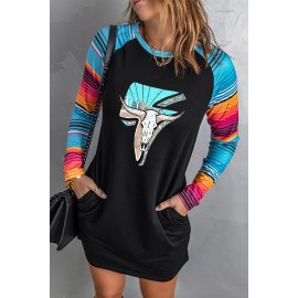 Black Western Graphic Print Striped Long Sleeve Shift Mini Dress