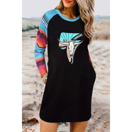 Black Western Graphic Print Striped Long Sleeve Shift Mini Dress