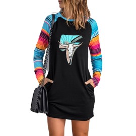 Black Western Graphic Print Striped Long Sleeve Shift Mini Dress