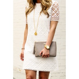 White Lace Crochet Hollow-out Short Sleeve Mini Dress