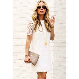 White Lace Crochet Hollow-out Short Sleeve Mini Dress