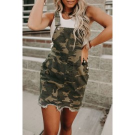 Green Camo Print Raw Hem Overalls Mini Dress