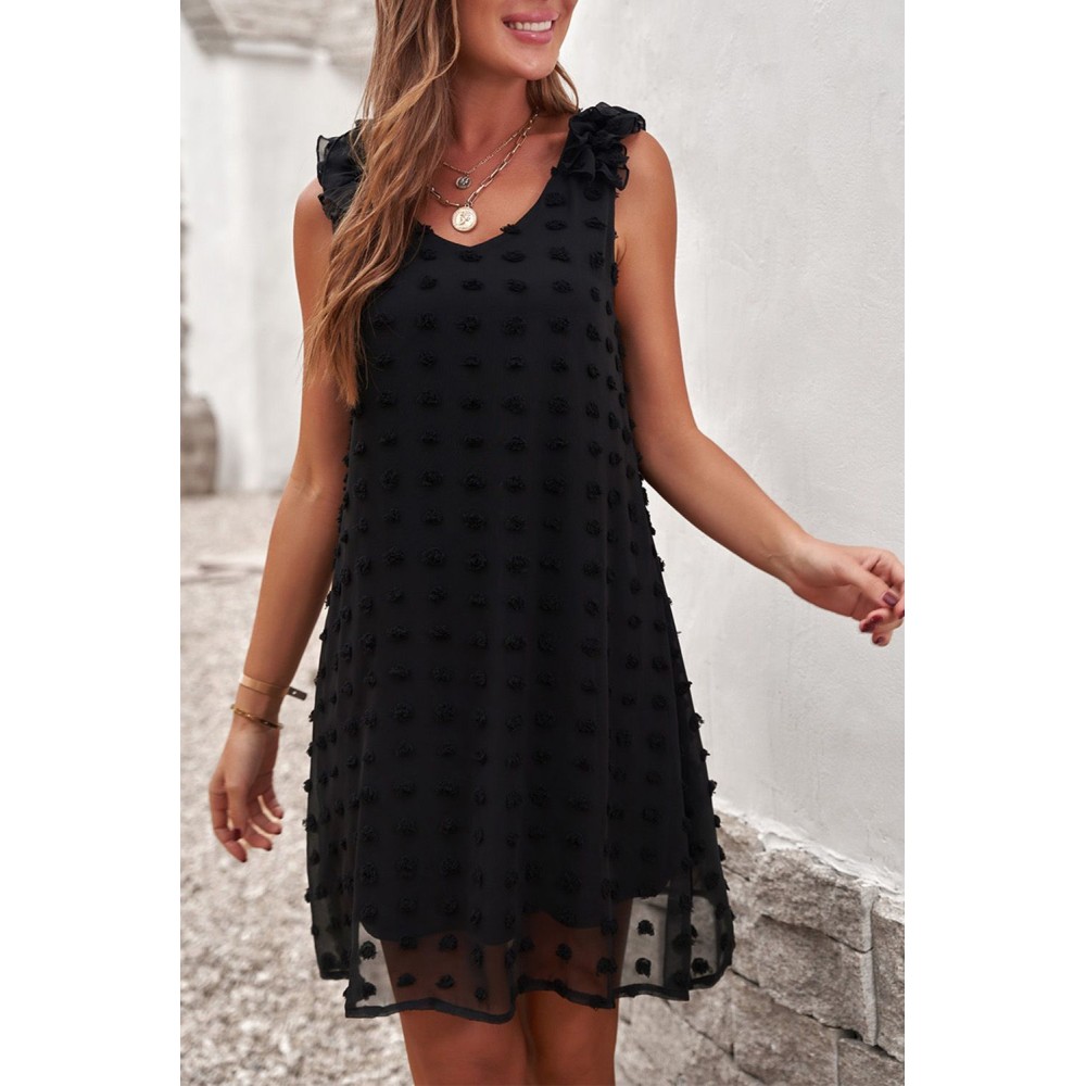 Black Swiss Dot V Neck Ruffled Sleeveless Mini Dress