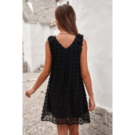Black Swiss Dot V Neck Ruffled Sleeveless Mini Dress