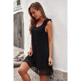 Black Swiss Dot V Neck Ruffled Sleeveless Mini Dress