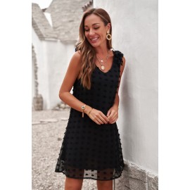 Black Swiss Dot V Neck Ruffled Sleeveless Mini Dress