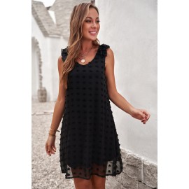 Black Swiss Dot V Neck Ruffled Sleeveless Mini Dress