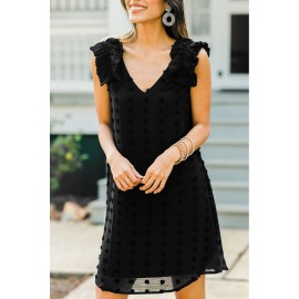 Black Swiss Dot V Neck Ruffled Sleeveless Mini Dress