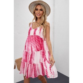 Red Tie-dye Tiered Ruffled Flowy Slip Dress