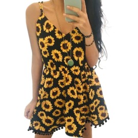 Sunflower Tassel Splicing Elastic Waist V-Neck Mini Dress - Black