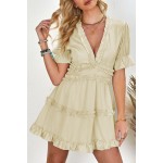 Beige Ruffled V Neck Puff Sleeve Hollow-out Back Swing Short Dress