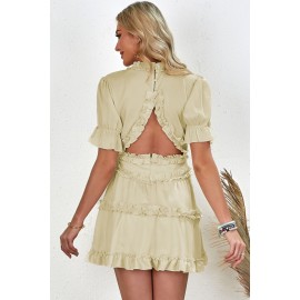 Beige Ruffled V Neck Puff Sleeve Hollow-out Back Swing Short Dress