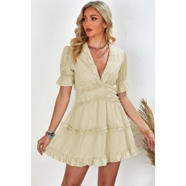 Beige Ruffled V Neck Puff Sleeve Hollow-out Back Swing Short Dress