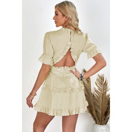 Beige Ruffled V Neck Puff Sleeve Hollow-out Back Swing Short Dress