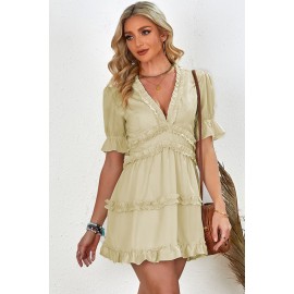 Beige Ruffled V Neck Puff Sleeve Hollow-out Back Swing Short Dress