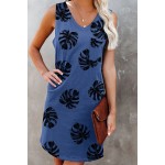 Blue Plant Print V Neck Sleeveless Mini Dress
