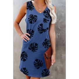 Blue Plant Print V Neck Sleeveless Mini Dress