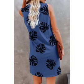 Blue Plant Print V Neck Sleeveless Mini Dress