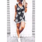 Black Palm Leaves Print Tassel Wrap V-Neck Mini Dress