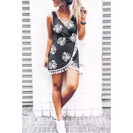 Black Palm Leaves Print Tassel Wrap V-Neck Mini Dress