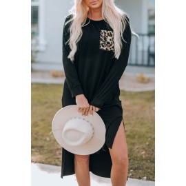 Black Leopard Patch Side Split Long Sleeve Midi Dress