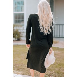 Black Leopard Patch Side Split Long Sleeve Midi Dress