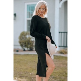 Black Leopard Patch Side Split Long Sleeve Midi Dress