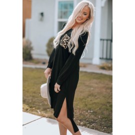 Black Leopard Patch Side Split Long Sleeve Midi Dress