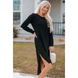 Black Leopard Patch Side Split Long Sleeve Midi Dress