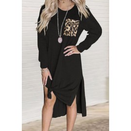Black Leopard Patch Side Split Long Sleeve Midi Dress