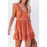 Orange V Neck Ruffles Open Back A-line Mini Dress