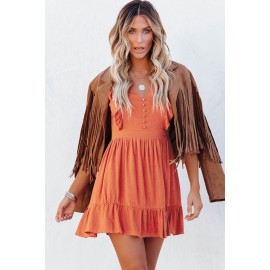 Orange V Neck Ruffles Open Back A-line Mini Dress