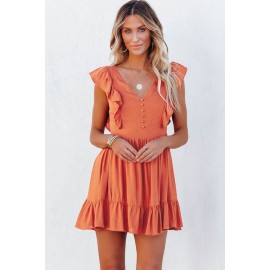 Orange V Neck Ruffles Open Back A-line Mini Dress