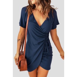 Blue Rib Knit Gathered Detail Side Tie Wrap Dress