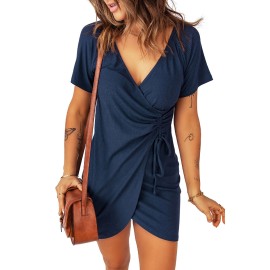 Blue Rib Knit Gathered Detail Side Tie Wrap Dress