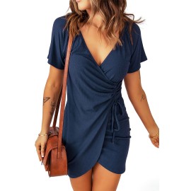 Blue Rib Knit Gathered Detail Side Tie Wrap Dress