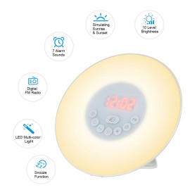 Wake Up Light Alarm Clock Sunrise/Sunset Simulation Digital Clock with FM Radio 7 Colors Light Nature Sounds Snooze Function Touch Control