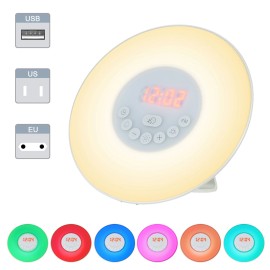 Wake Up Light Alarm Clock Sunrise/Sunset Simulation Digital Clock with FM Radio 7 Colors Light Nature Sounds Snooze Function Touch Control
