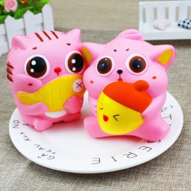 Exquisite Fun Soft Cat Cartoon Squishy Slow Rising Squeeze Toy Phone Straps Ballchains Simulation Kawaii Squishies Cream Scented Fidget Toys for Kids and Adults Cat with Fish