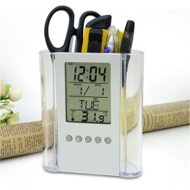 Pen Pencil Holder Digital LCD Desk Alarm Clock Pen Holder Calendar Timer Temperature Desktop Electronic Clock Office