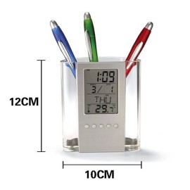 Pen Pencil Holder Digital LCD Desk Alarm Clock Pen Holder Calendar Timer Temperature Desktop Electronic Clock Office