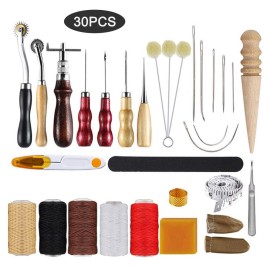 30pcs Leather Tool Kit Leather Working Tools Basic Leather Sewing Repair Kit Hand Sewing Needles Awl for Leather Shoes Bag Belt Repairing Stitching