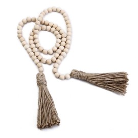 Wooden Beaded Garland with Tassel Rustic Look Farmhouse Style Wall Tray Decoration