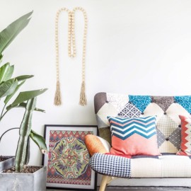 Wooden Beaded Garland with Tassel Rustic Look Farmhouse Style Wall Tray Decoration