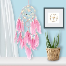 Feather Dream-Catcher with LED Light Portable Handmade Wall Hanging Decoration Photography Prop Room Home Deco