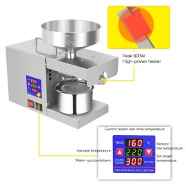 LTP333 610W Intelligent Stainless Steel Household Kitchen Commercial Oil Press Machine with Digital Display 0~300℃ Temperature Control 38mm Large Feed Port Suitable for Soybean Peanut Rapeseed Olive Flax