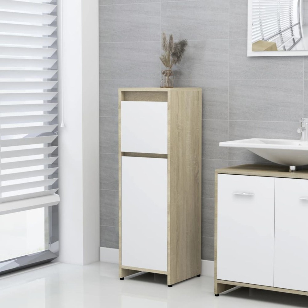 Bathroom Cabinet White and Sonoma Oak 30x30x95 cm Chipboard