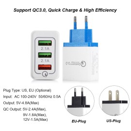 Portable Travel Home Universal 3-Port USB Wall Charger QC3.0 Quick Charge Fast Charging US/EU Plug Charger Adapter for Smartphones Tablets