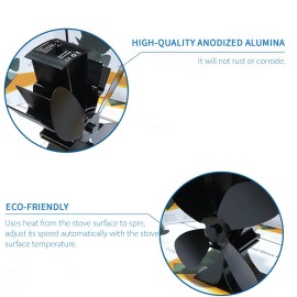 4 Blades Stove Fan Quiet Heat Powered Stove Fan Anodized Alumina Stove Fan for Wood Log Burner Fireplace
