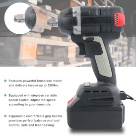 Cordless Impact Wrench Rechargeable Power Screwdriver Brushless Motor 520Nm Torque 22mm Electric Wrench with LED Light Variable Speed Home DIY Electric Power Tools